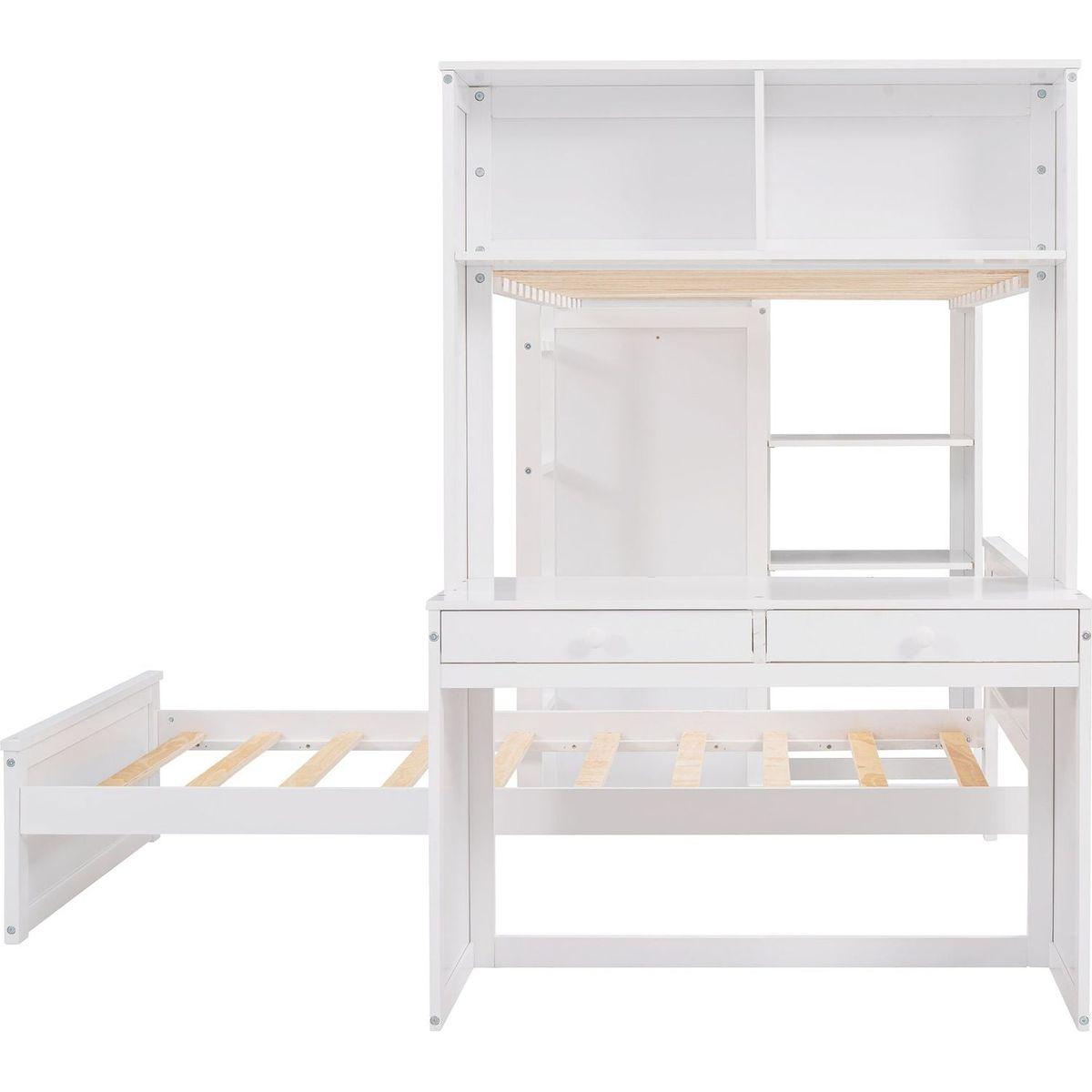 Twin size Loft Bed with a Stand-alone bed, Shelves,Desk,and Wardrobe-White