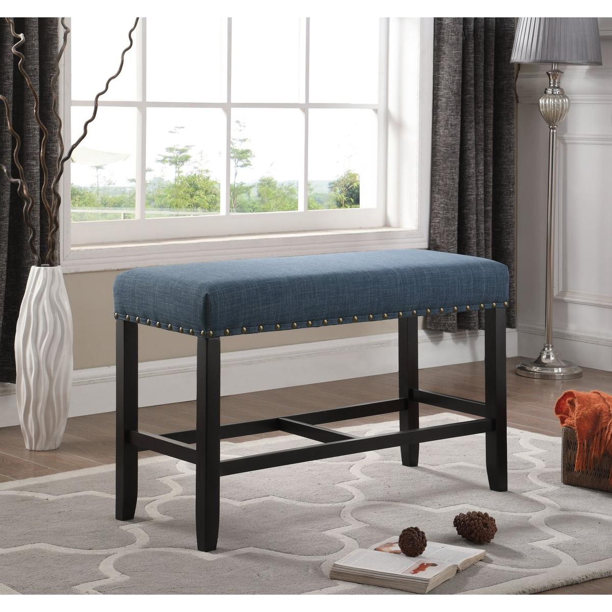 Biony Fabric Counter Height Dining Bench with Nailhead Trim, Blue