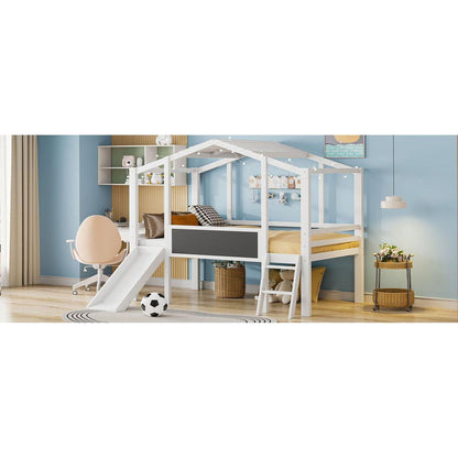 Twin Size Loft Bed with Ladder and Slide, House Bed with Blackboard and Light Strip on the Roof, White