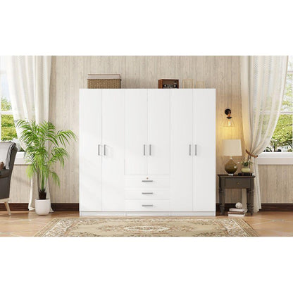 6-Doors Wooden Wardrobe Storage for Bedroom, with Big Drawers, White