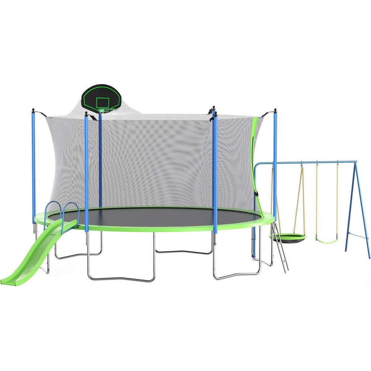 14FT Trampoline with Slide and Swings, ASTM Approved Large Recreational Trampoline with Basketball Hoop and Ladder,Outdoor Backyard Trampoline with Net, Capacity for Kids and Adults