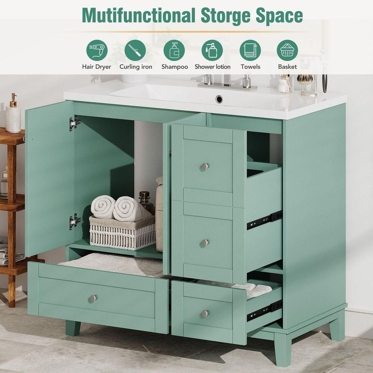 36 Inch Modern Bathroom Vanity with USB Charging, Two Doors and Three Drawers Bathroom Storage Vanity Cabinet, Small Bathroom Vanity cabinet with single sink, Green - Faucets Not Included