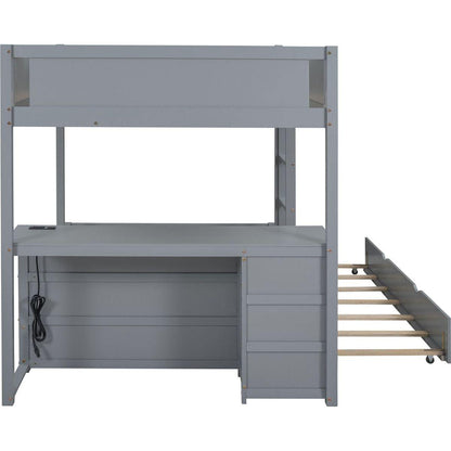 Full-Over-Full Bunk Bed with Twin size Trundle, Storage and Desk, Gray