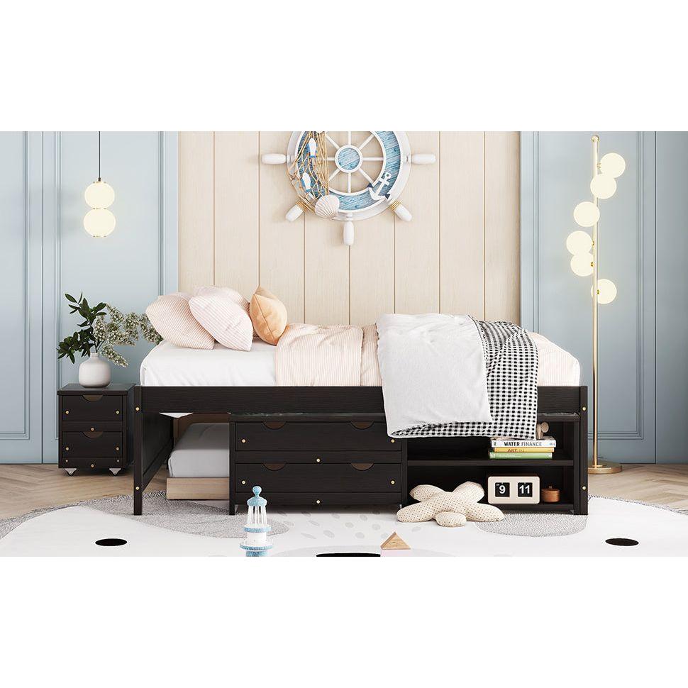 Versatile Full Bed with Trundle,Under bed Storage Box and Nightstand .Espresso