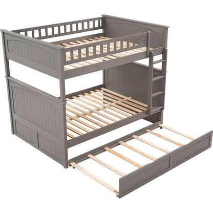 Full Over Full Bunk Bed with Twin Size Trundle, Pine Wood Bunk Bed with Guardrails, Brushed Gray