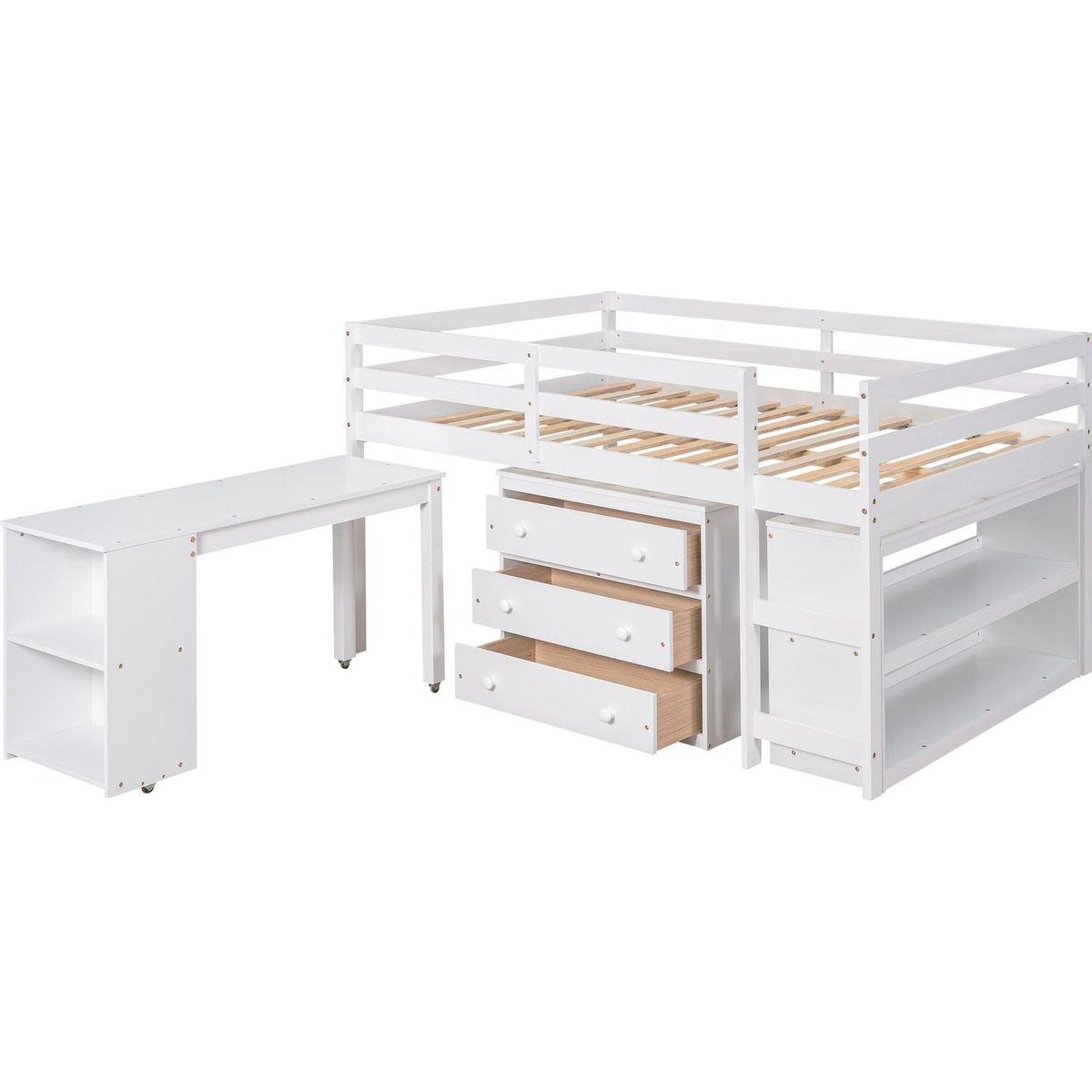 Low Study Full Loft Bed with Cabinet, Shelves and Rolling Portable Desk, Multiple Functions Bed- White
