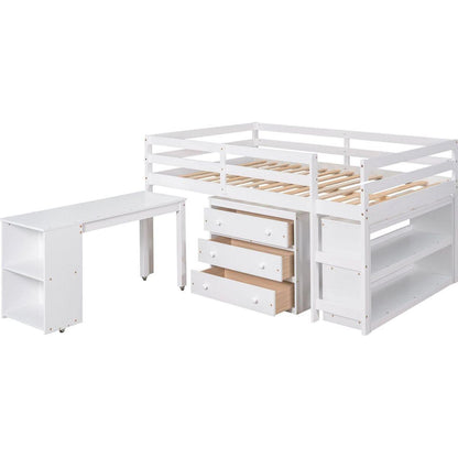 Low Study Full Loft Bed with Cabinet, Shelves and Rolling Portable Desk, Multiple Functions Bed- White
