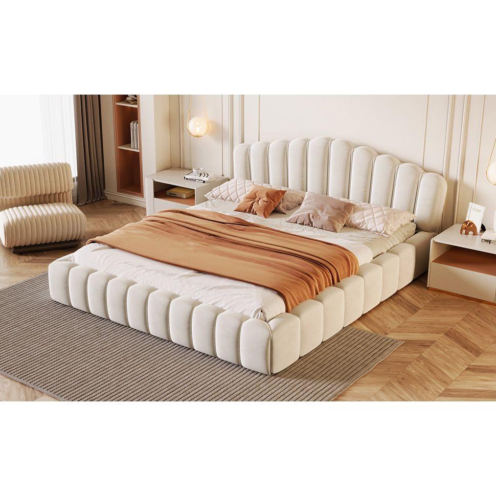 Velvet Upholstered Queen BED Frame Shell-Shaped Headboard for Bedroom,No Box Spring Needed,Beige