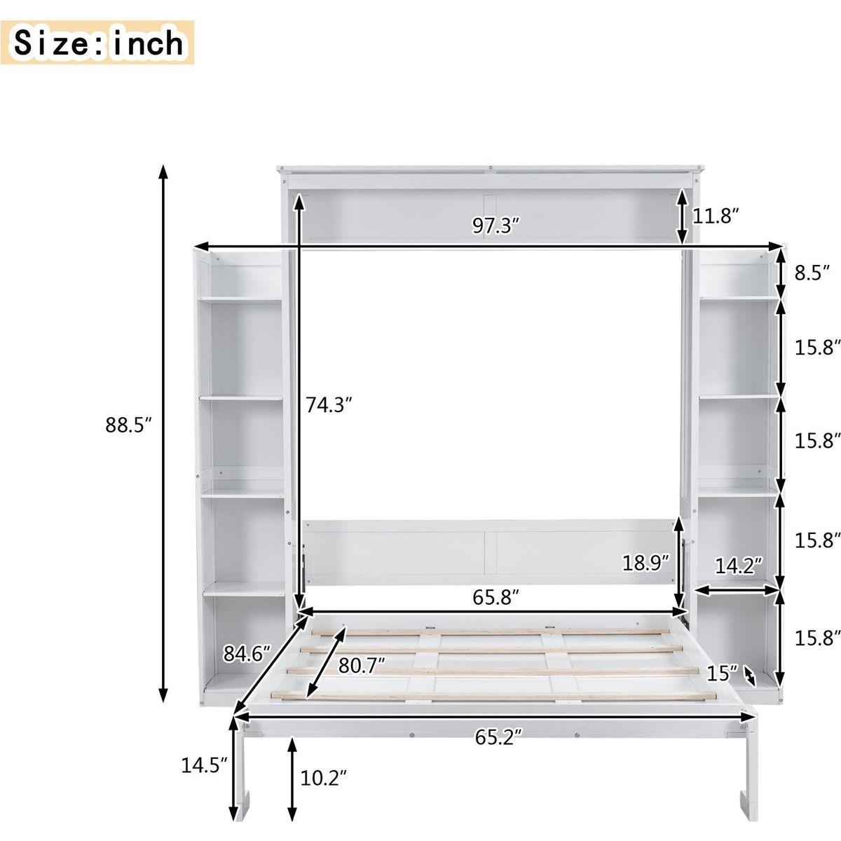 Queen Size Murphy Bed Wall Bed with Shelves and LED Lights,White