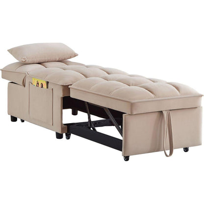 4 in1 Multi-Function Single Sofa Bed with Storage Pockets,Tufted Single Pull-out Sofa Bed with Adjustable Backrest and Pillows, Convertible Chaise Lounge,Taupe
