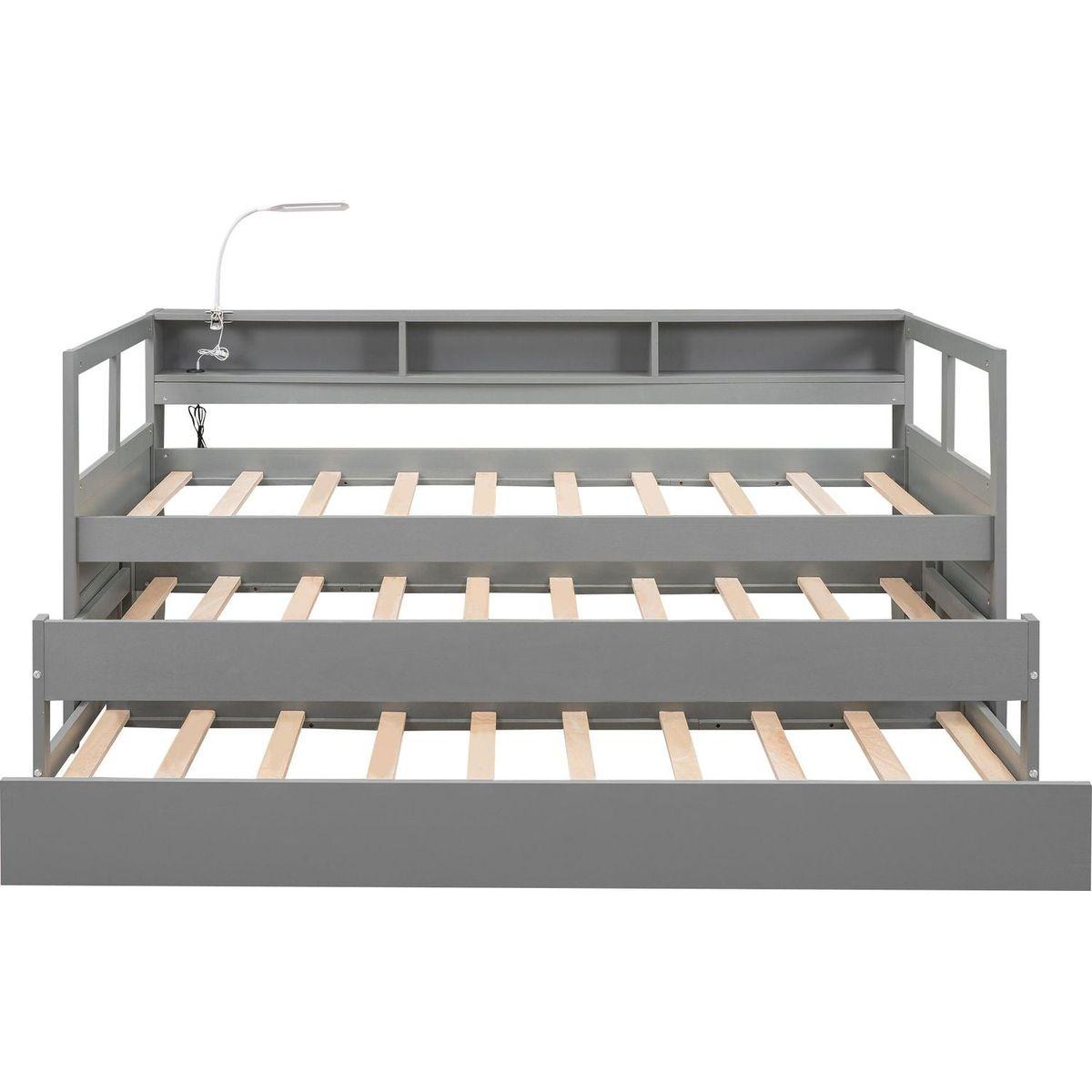 Twin XL Wood Daybed with 2 Trundles, 3 Storage Cubbies, 1 Light for Free and USB Charging Design, Gray