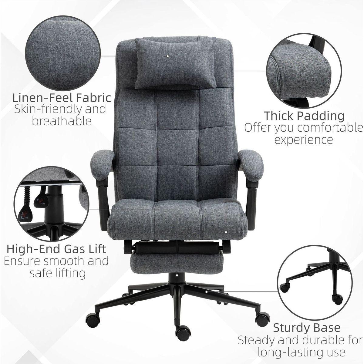 Executive Linen-Feel Fabric Office Chair High Back Swivel Task Chair with Adjustable Height Upholstered Retractable Footrest, Headrest and Padded Armrest, Dark Grey