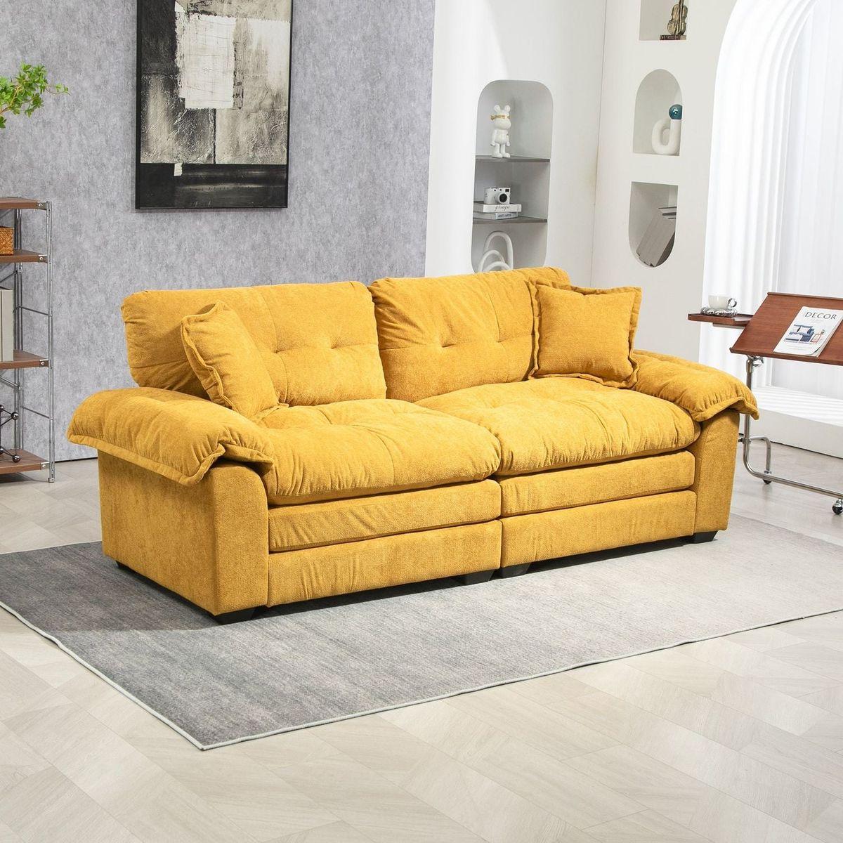 84" Chenille Recliner Sofa Small Sofa Loveseat Deep Seat Sofa Couch with 2 Throw Pillows & Memory Foam for Living Room Apartment Office Lounge-Yellow