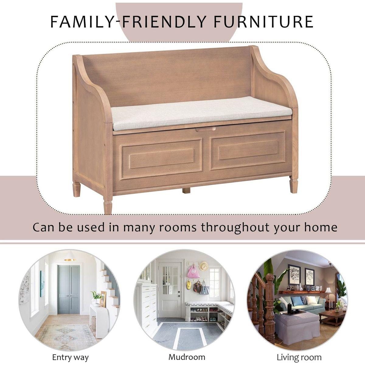 Rustic Style Solid wood Entryway Multifunctional Storage Bench with Safety Hinge (Brown+ Beige)