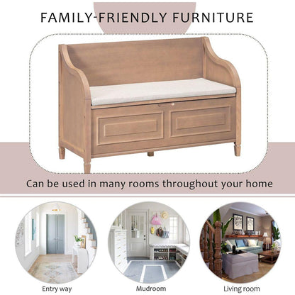 Rustic Style Solid wood Entryway Multifunctional Storage Bench with Safety Hinge (Brown+ Beige)