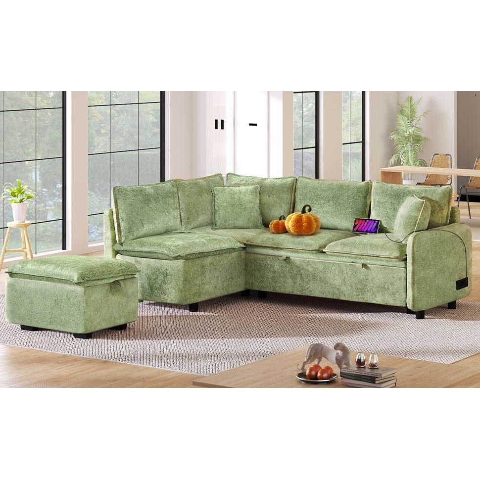82.67"Convertible Sofa Bed Sectional Sofa Sleeper L-shaped Sofa with a Storage Ottoman,Two Pillows, Two Power Sockets and Two USB Ports for Living Room, Green