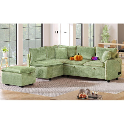 82.67"Convertible Sofa Bed Sectional Sofa Sleeper L-shaped Sofa with a Storage Ottoman,Two Pillows, Two Power Sockets and Two USB Ports for Living Room, Green