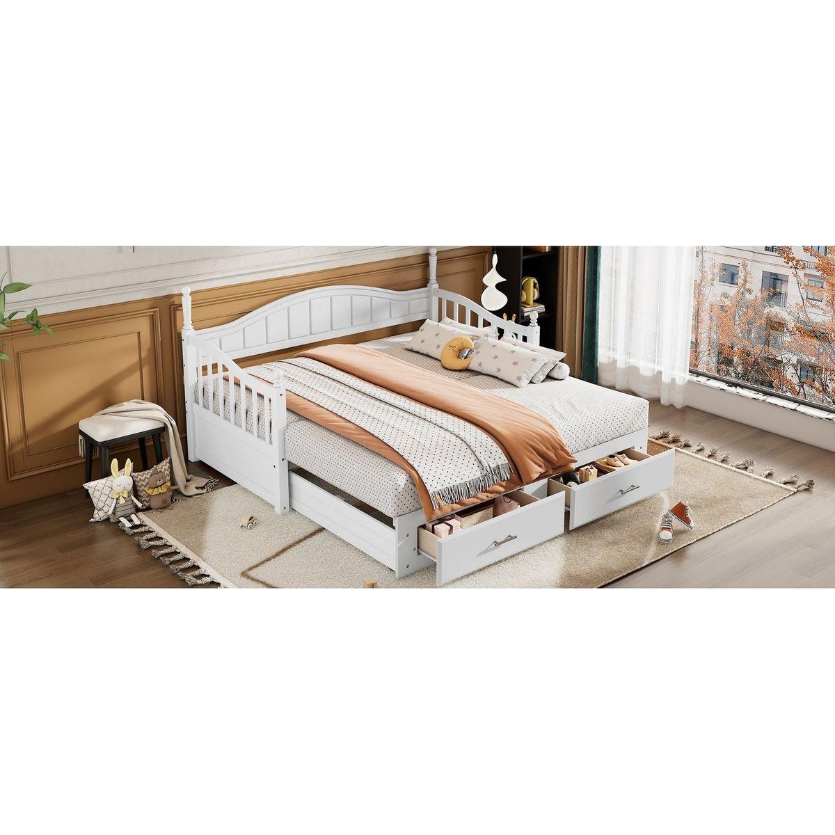 Wooden Twin Size Daybed with Twin Size Trundle, Extendable Daybed with Two Storage Drawers,White