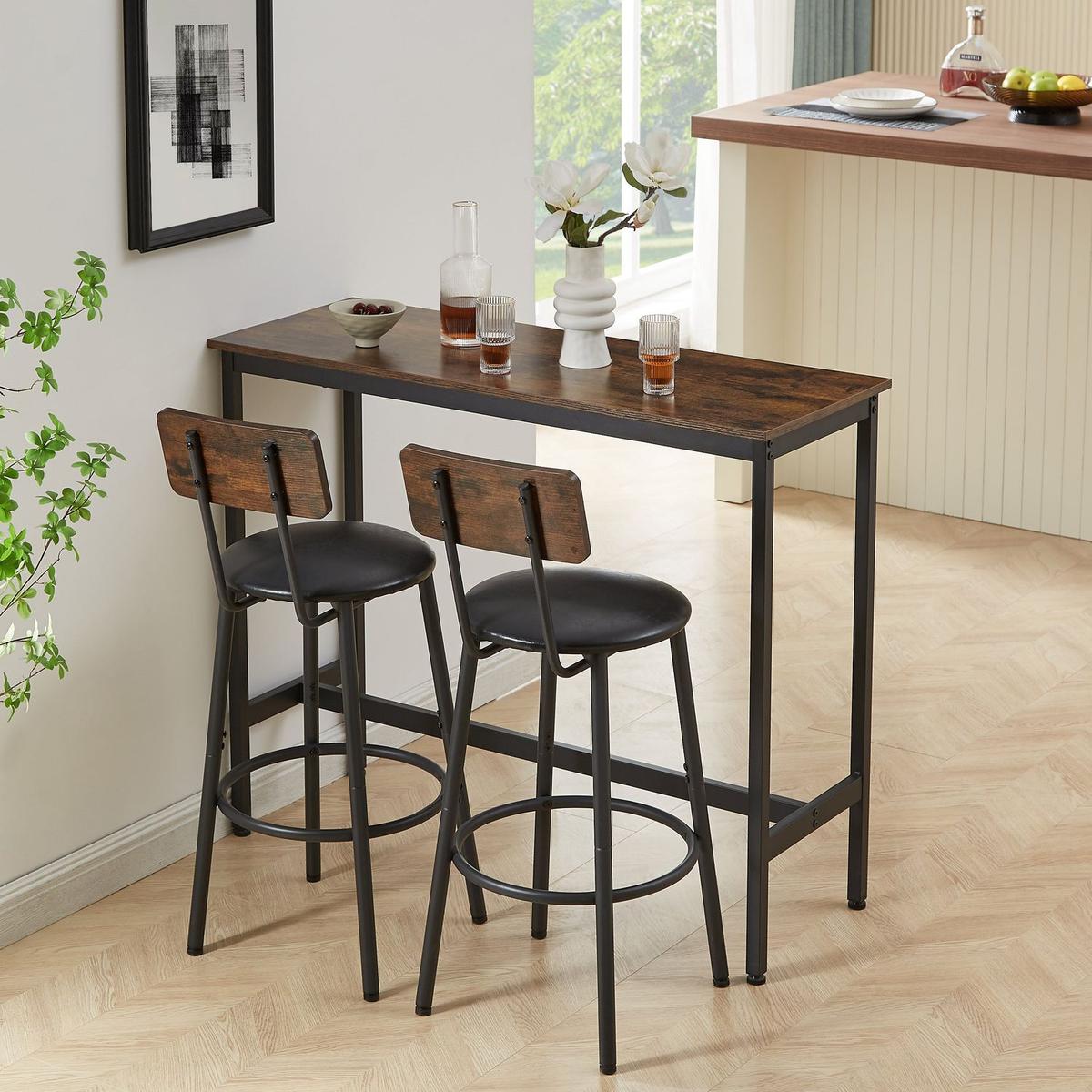 Bar Table Set with 2 Bar stools PU Soft seat with backrest, Rustic Brown, 43.31" L x 15.75" W x 35.43" H.