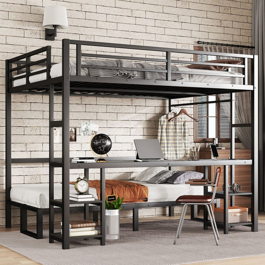 Queen Over Twin XL Metal Bunk Bed/Loft Bed with Desk and Shelves, Multiple Uses Folds into Sofa with LED and USB, Black