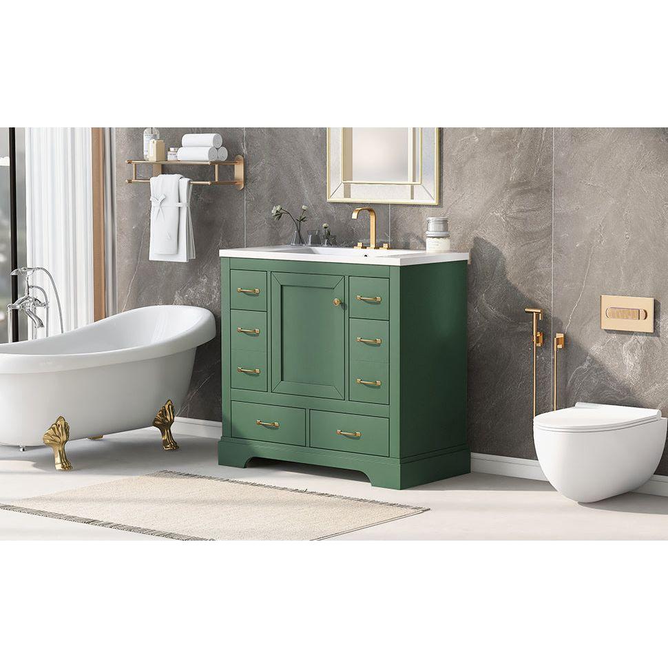 36" Bathroom Vanity with Sink Combo, Six Drawers, Multi-Functional Drawer Divider, Adjustable Shelf, Green