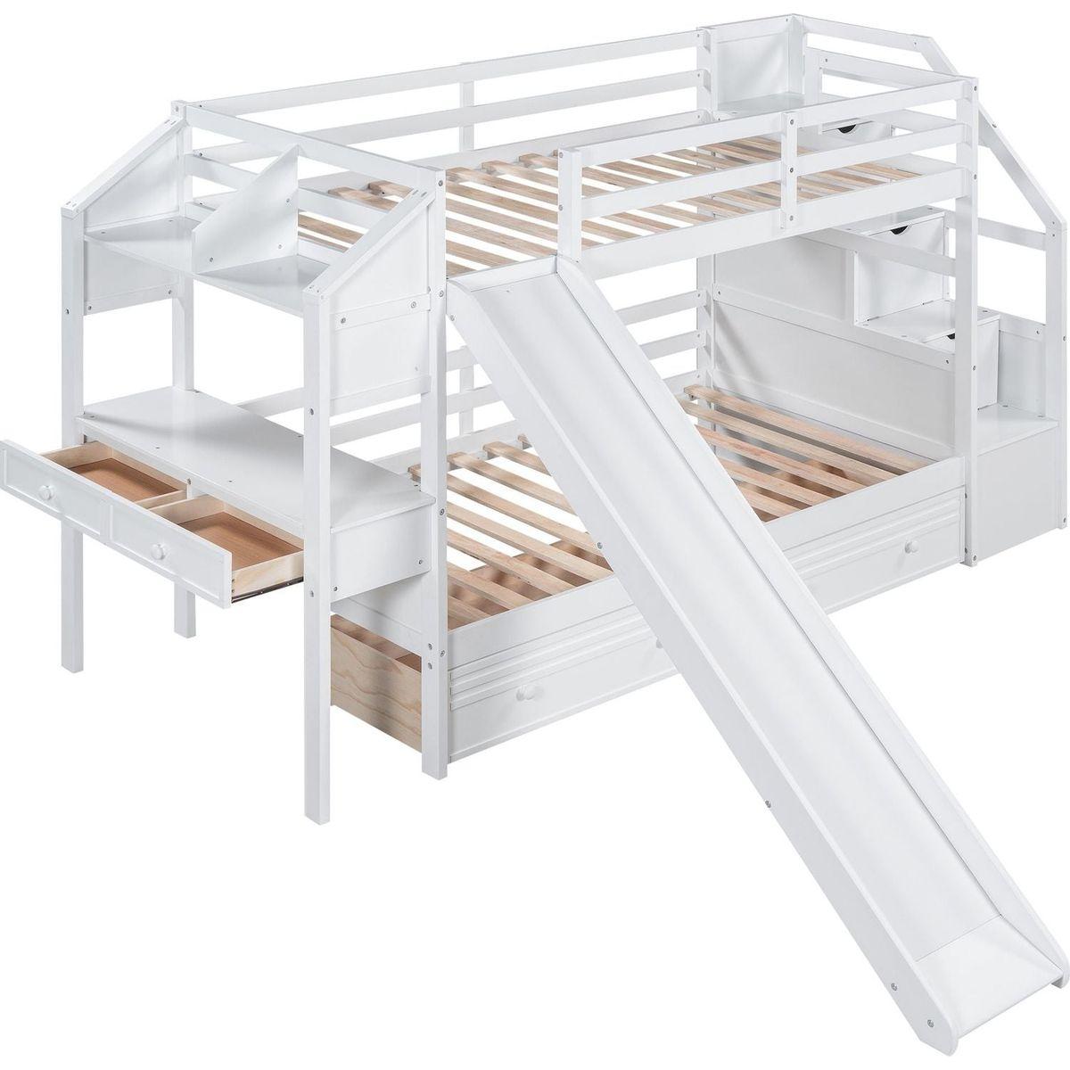 Twin over Twin Bunk Bed with Storage Staircase, Slide and Drawers, Desk with Drawers and Shelves, White
