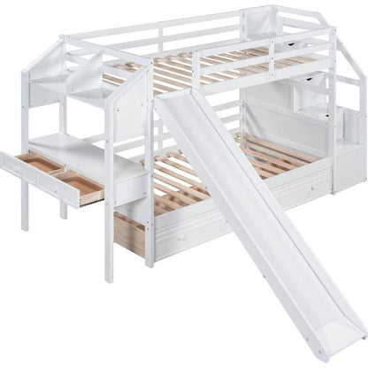 Twin over Twin Bunk Bed with Storage Staircase, Slide and Drawers, Desk with Drawers and Shelves, White