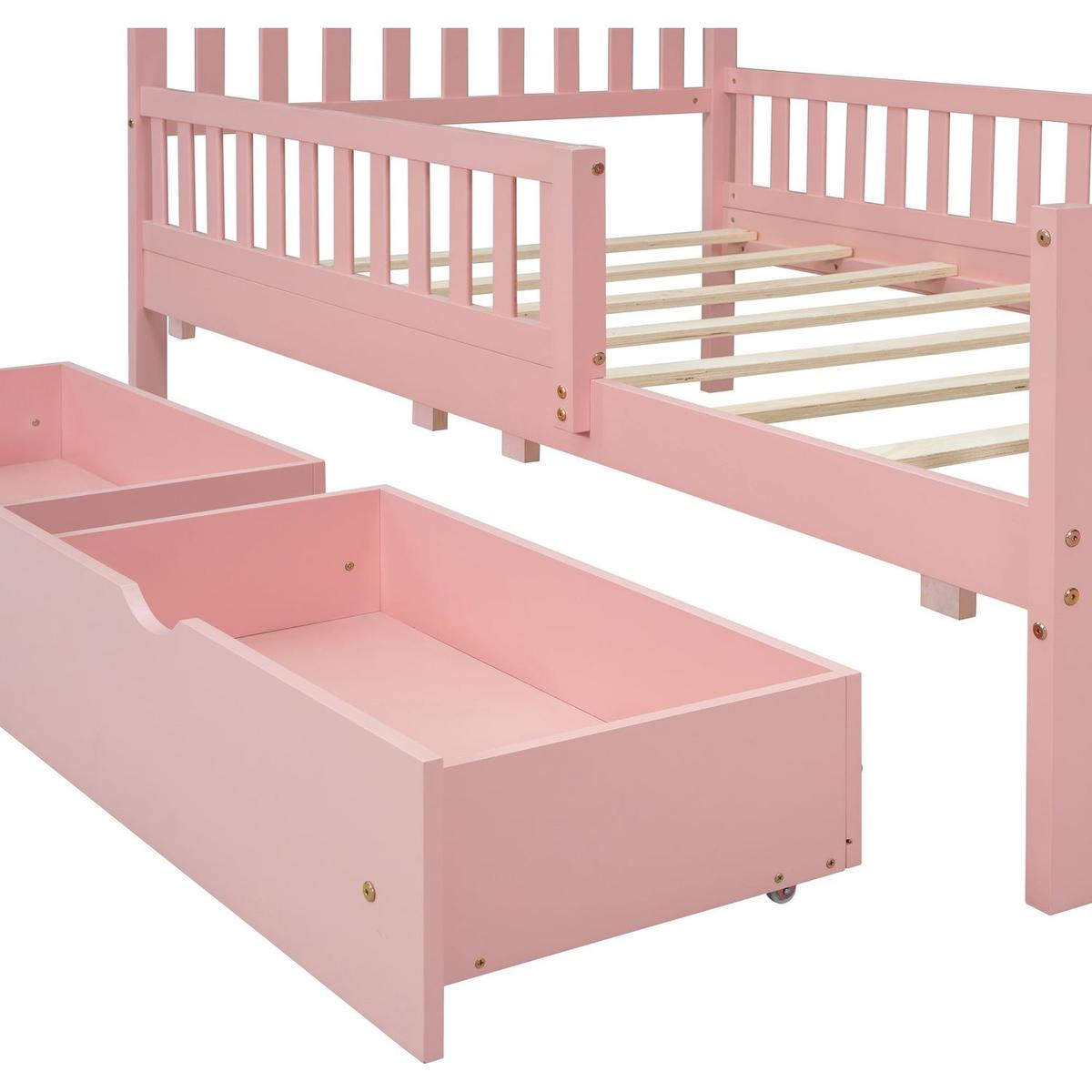 Twin Size Wood Platform Bed with Guardrails on Both Sides and Two Storage Drawers, Pink