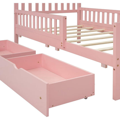 Twin Size Wood Platform Bed with Guardrails on Both Sides and Two Storage Drawers, Pink