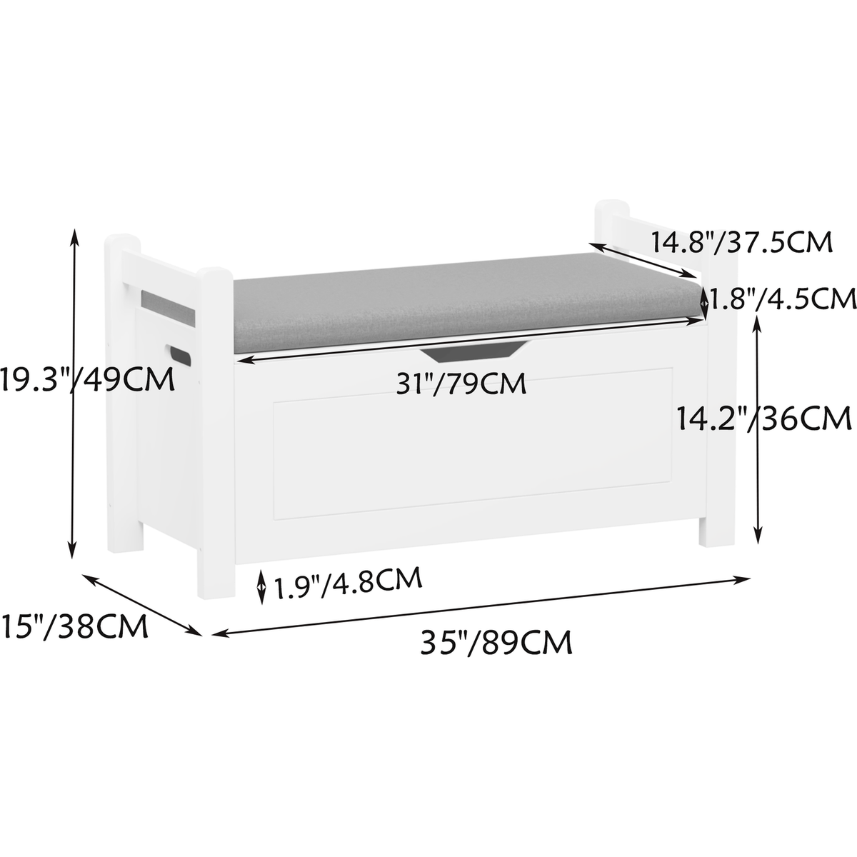 Kids Toy Box Chest, White Rubber Wood Toy Box for Boys Girls, Large Storage Cabinet with Cushion Seat Bench/Flip-Top Lid/Safety Hinge, Toy Storage Organizer Trunk for Nursery, Playroom