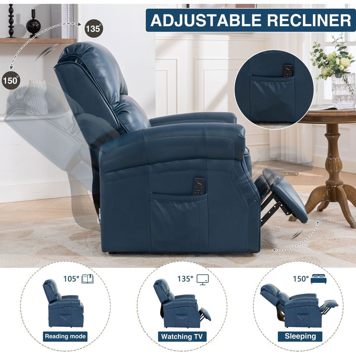 Lehboson Lift Recliner Chair, Electric Power Lift Recliner Chair for Elderly With Eight Points Massage And Heating,(Navy Blue)