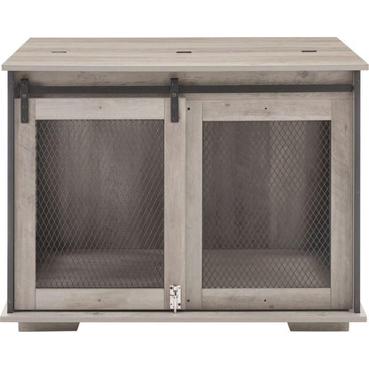 Farmhouse Dog Cage Crate Furniture with Sliding Barn Door, Farmhouse Wooden Dog Kennel End Table with Flip-top Plate Dog House with Detachable Divider for Small/Medium/Large Dog Gray