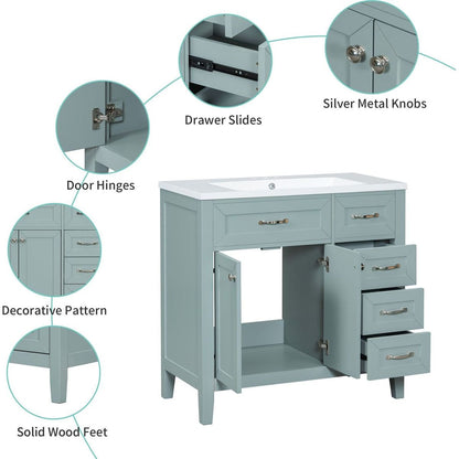 36" Bathroom Vanity with Sink Combo, Green Bathroom Cabinet with Drawers, Solid Frame and MDF Board