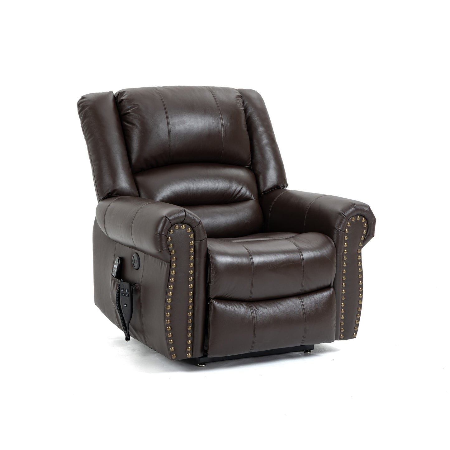 Power Lift Recliner Chair Heat Massage Dual Motor Infinite Position Up to 350 LBS, Genuine Leather, Heavy Duty Motion Mechanism with USB Ports, Brown