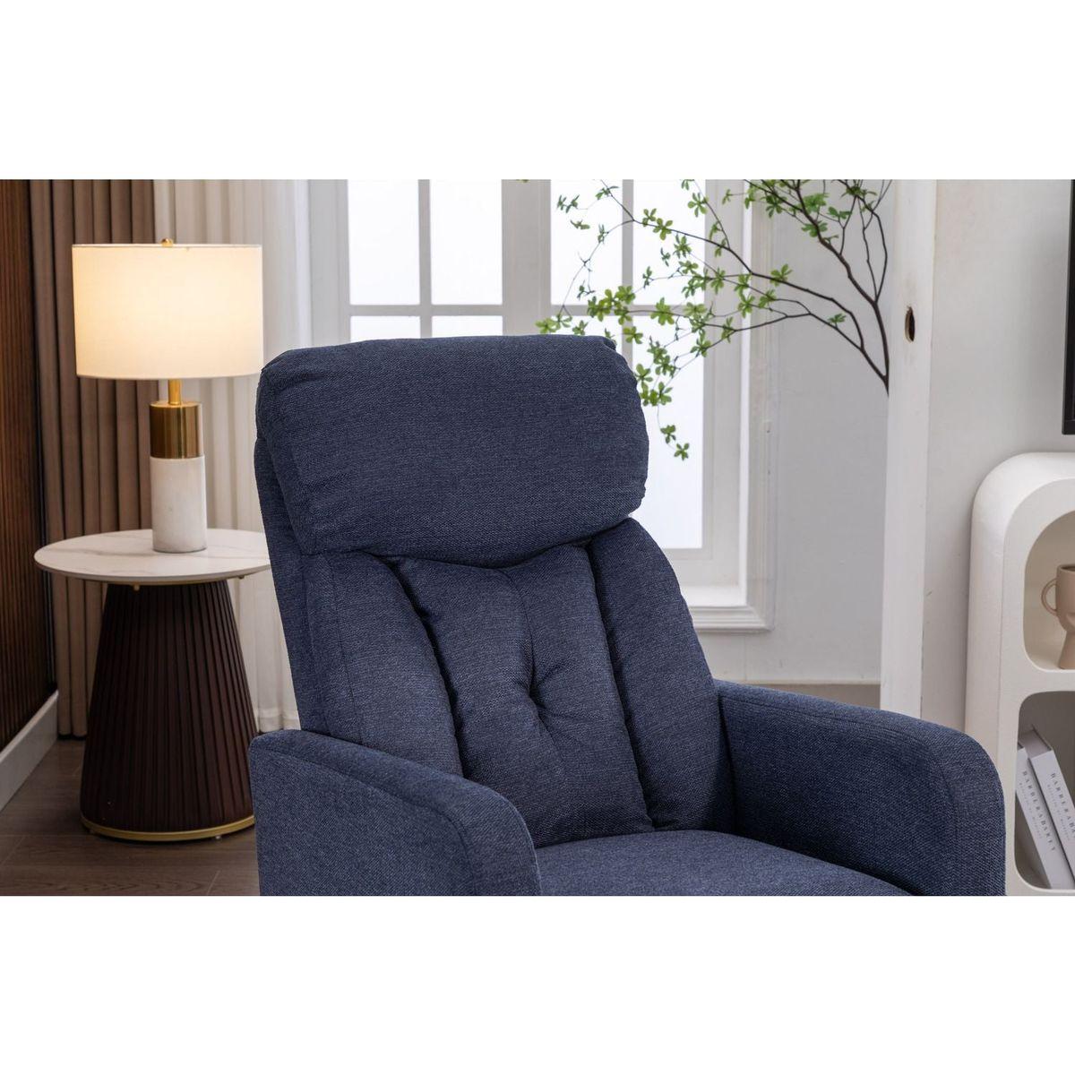 Linen Fabric Swivel Rocking Chair Gilder Chair With Pocket,Navy Blue