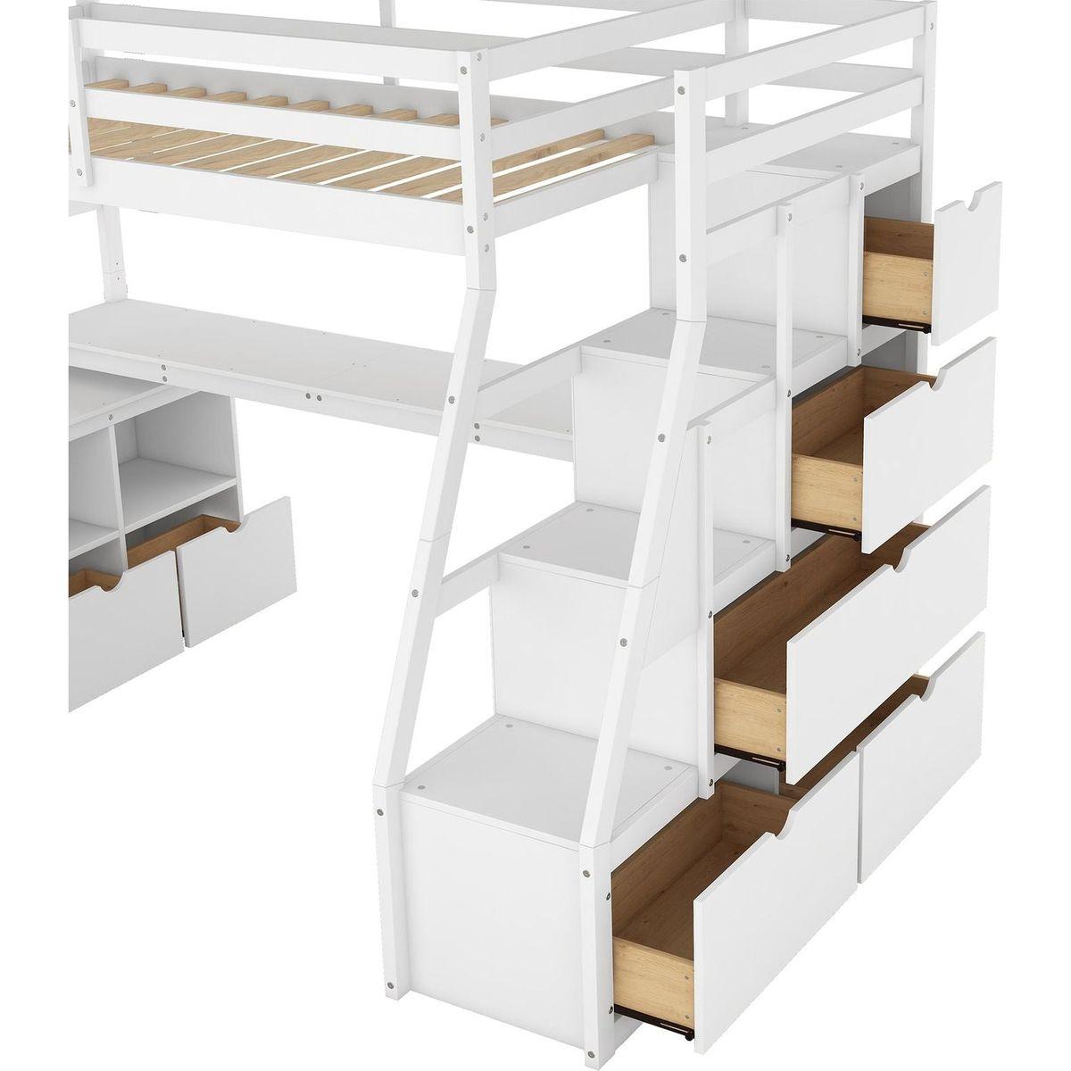 Twin Size Loft Bed with 7 Drawers 2 Shelves and Desk - White