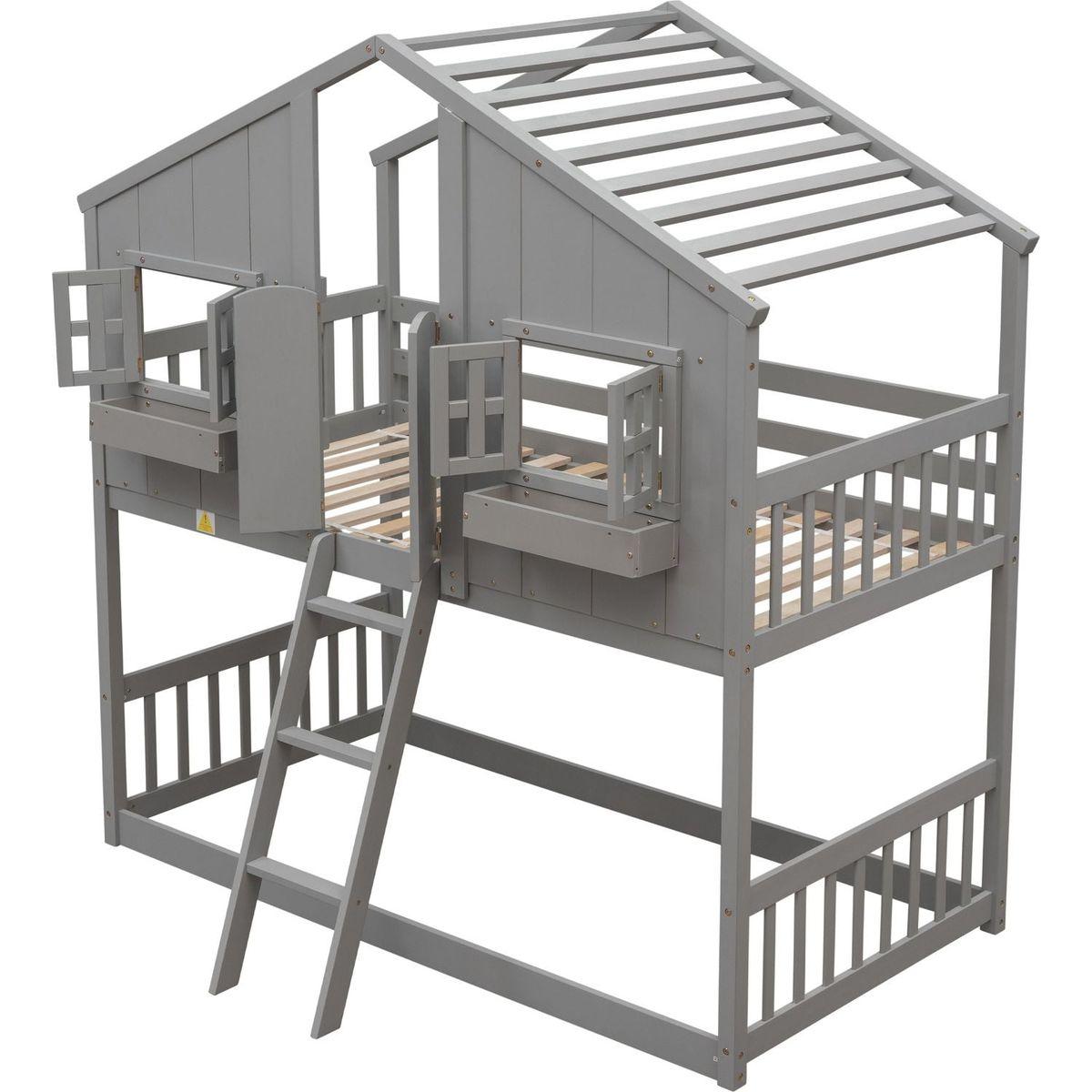 Twin over Twin House Bunk Bed with Roof, Window, Window Box, Door, with Safety Guardrails and Ladder, Grey