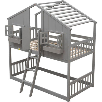 Twin over Twin House Bunk Bed with Roof, Window, Window Box, Door, with Safety Guardrails and Ladder, Grey