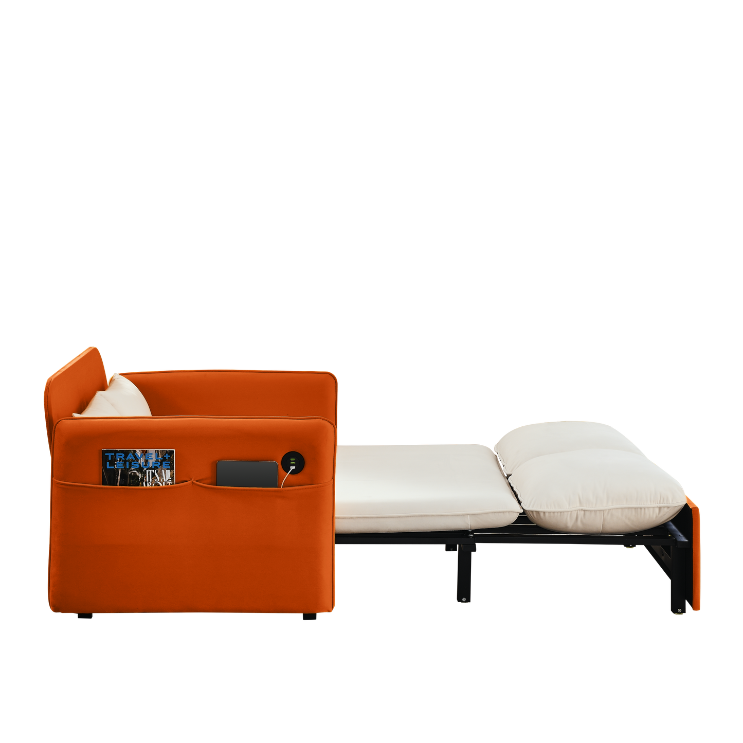 53" Modern Convertible Sofa Bed w/2 Removable Armrests w/USB Power Port, Velvet Recliner Adjustable Sofa w/Head Pull-Out Bed, 2 Pillows, For Living Room Apartment etc., White-Orange