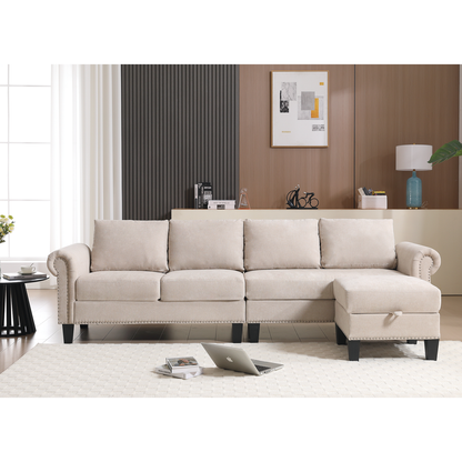 Convertible Sectional Sofa with Storage,L-shaped sofa,Four-seater sofa,Modern Linen Fabric Sectional Couches for Living Room, Beige