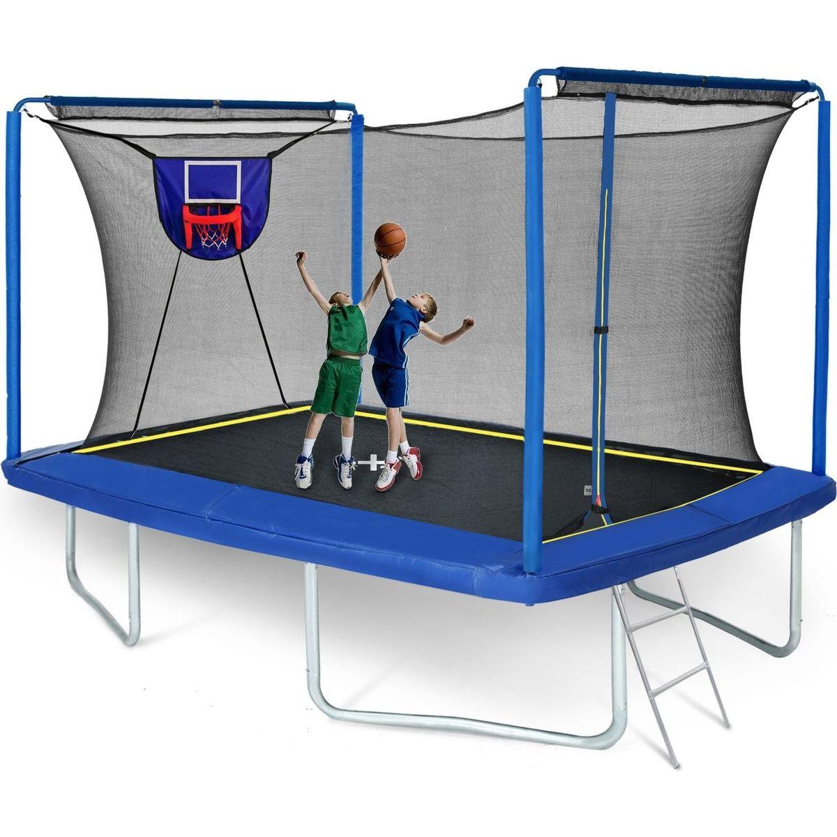 New YC 8ft by 12ft rectangular trampoline with basketball board,ball inflater and ladder-Blue ASTM standard tested and CPC certified