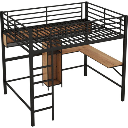 Full Size Metal & Wood Loft Bed with L -shaped desk and shelves, Black and Brown