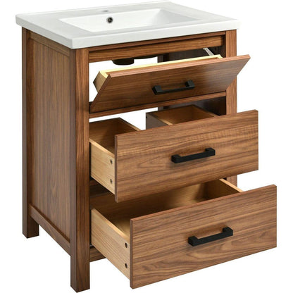 24" Bathroom Vanity with Ceramic Basin Sink, Modern Bathroom Storage Cabinet with 3 Drawers, Freestanding Bathroom Vanity Cabinet with Single Sink