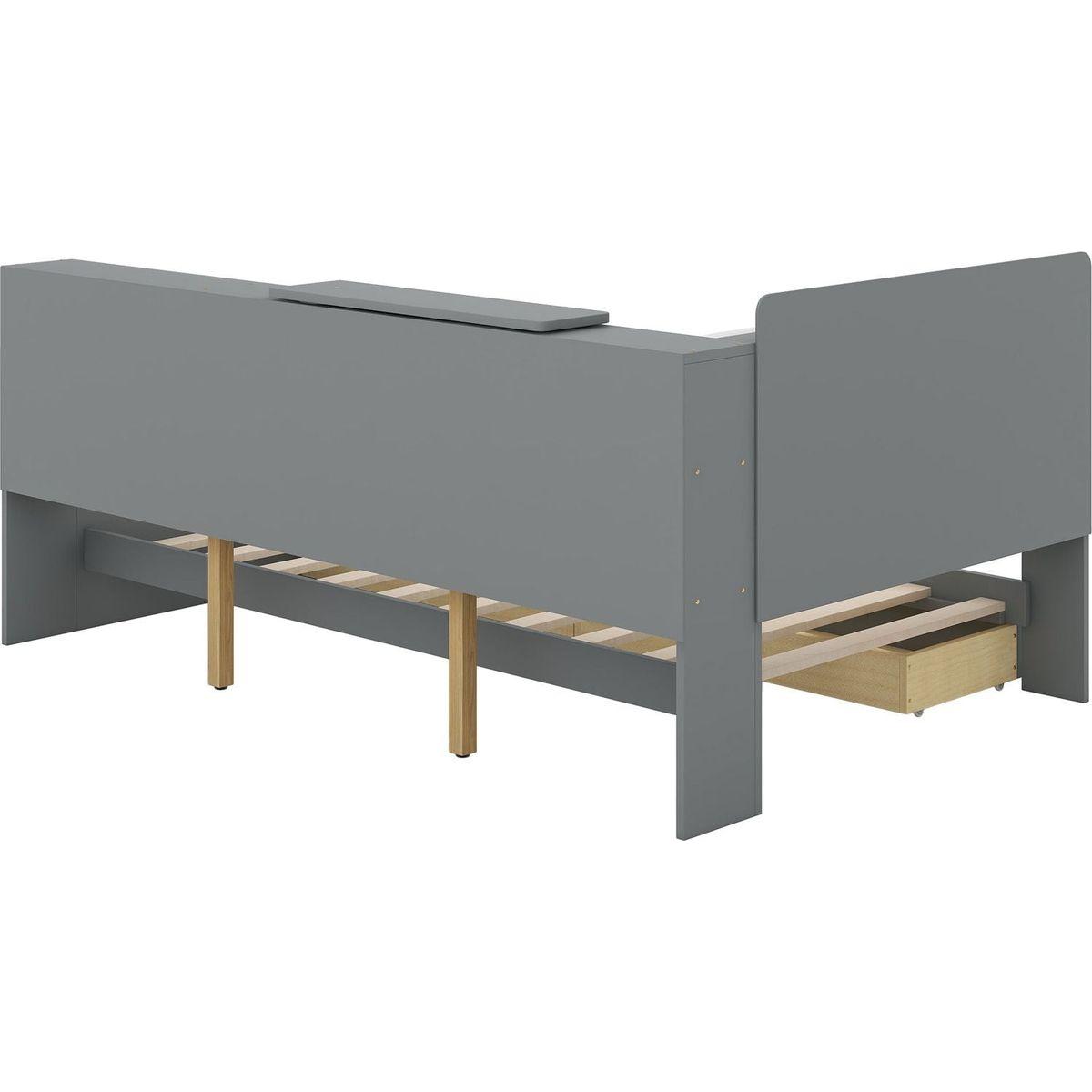 Wood Twin Size platform bed with Storage Headboard, Shelves and 2 Drawers, Gray