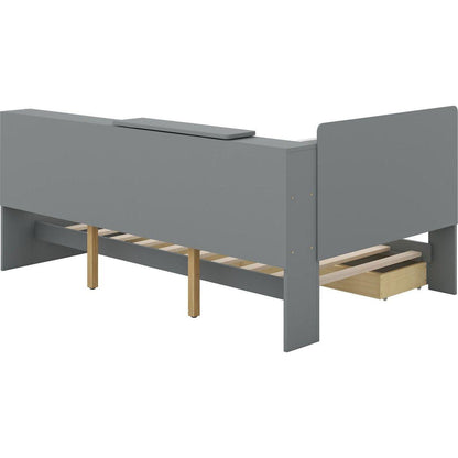 Wood Twin Size platform bed with Storage Headboard, Shelves and 2 Drawers, Gray