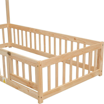 Twin House-Shaped Headboard Floor Bed with Fence ,Natural