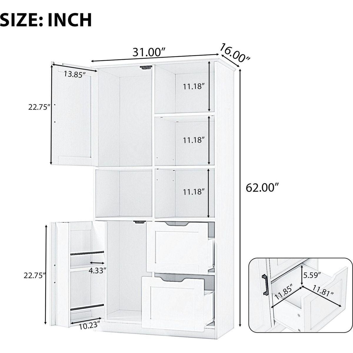 Bathroom Storage Cabinet with Doors and Drawers, Multiple Storage Space, Freestanding Style, Open Shelve, Adjustable Shelf, White
