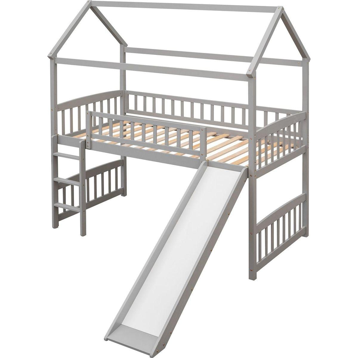 Twin Loft Bed with Slide, House Bed with Slide,White