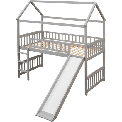Twin Loft Bed with Slide, House Bed with Slide,White