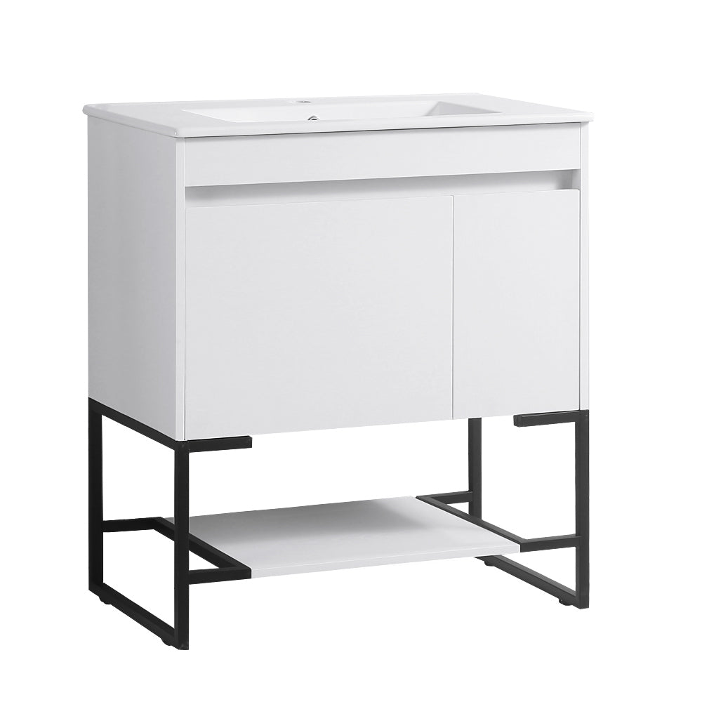 30" Bathroom Vanity with Sink,Bathroom Vanity Cabinet with One Soft Close Cabinet Doors & soft-close Drawers,Bathroom Storage Cabinet with a Lower Open Shelf,with Metal Legs,White Ceramic Sink,White